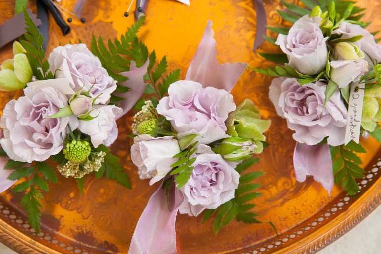 Purple flowers arranged in a table
